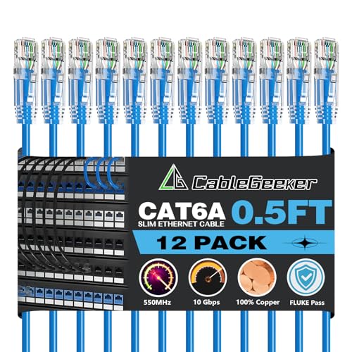 CableGeeker Cat 6A Slim Ethernet Patch Cables, 0.5 ft, 12-Pack, Blue | 28AWG Pure Copper, 10Gbps/550MHz, Snagless Gold-Plated RJ45, Ultra-Thin Flexible Design for Switches, Patch Panels, and Racks - color: Blue-Slim, size: 0.5ft, style: 12 Pack