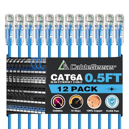 CableGeeker Cat 6A Slim Ethernet Patch Cables, 0.5 ft, 12-Pack, Blue | 28AWG Pure Copper, 10Gbps/550MHz, Snagless Gold-Plated RJ45, Ultra-Thin Flexible Design for Switches, Patch Panels, and Racks - color: Blue-Slim, size: 0.5ft, style: 12 Pack
