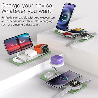 3 in 1 Wireless Charging Station for Apple Devices with MagSafe | For iPhone 17/Air/16/15/14/13/12, AirPods & Apple Watch, Foldable Portable Aluminum Charging Stand, Adapter Included - color: Sprout Green