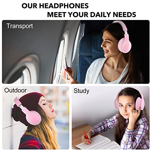 B10 Wireless Over-Ear Headphones, Lightweight Folding Stereo Bass Bluetooth Headset with Mic, 50H Playtime, Volume Control, Bluetooth 5.3 Headphones for iPad/Travel/Tablet/PC (Pink) - color: Pink