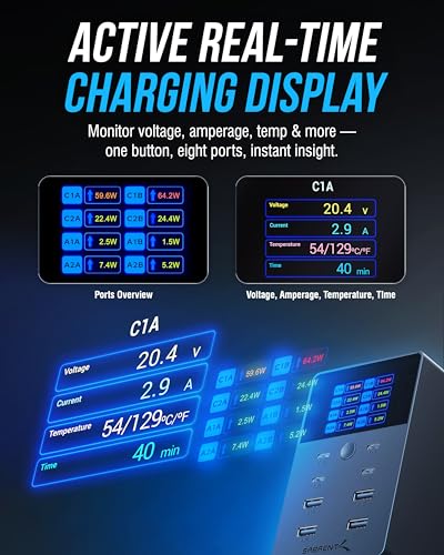 SABRENT VOLTIK Charging Station, 252W 8-Port USB C and USB A, LCD Display | Desktop fast charger, USB-C & USB-A, 252W shared across 8 ports, UL certified, real-time LCD, for MacBook / iPhone / Samsung - size: 8-Port