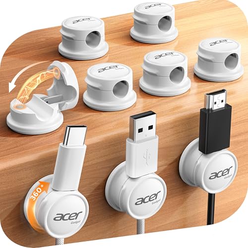 acer 9 Pack Magnetic Rotatable Cable Clips, Cord Holder for Desk Nightstand | Smooth 360° Rotation, 1s Lock, Adhesive Cord Organizer Cable Holder Management - White