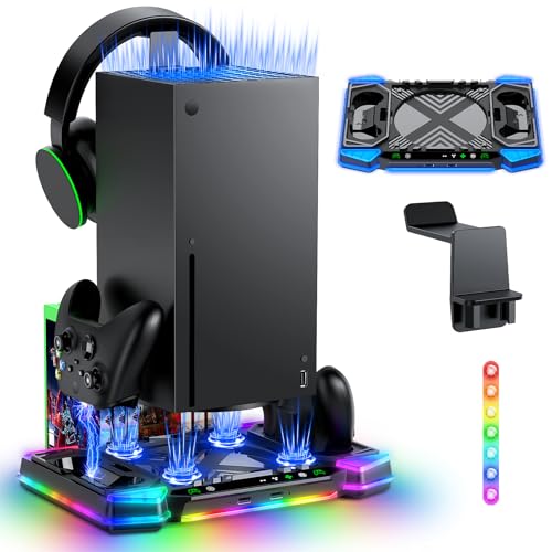 MENEEA Upgraded RGB Cooling Fan Stand for Xbox Series X with Controller Charger : Accessories for Xbox X Console, Dual Charging Dock & Cooler System Station,with 11 Light Modes & Headset Hook