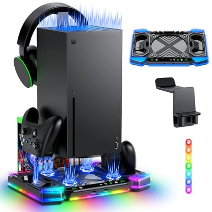 MENEEA Upgraded RGB Cooling Fan Stand for Xbox Series X with Controller Charger : Accessories for Xbox X Console, Dual Charging Dock & Cooler System Station,with 11 Light Modes & Headset Hook