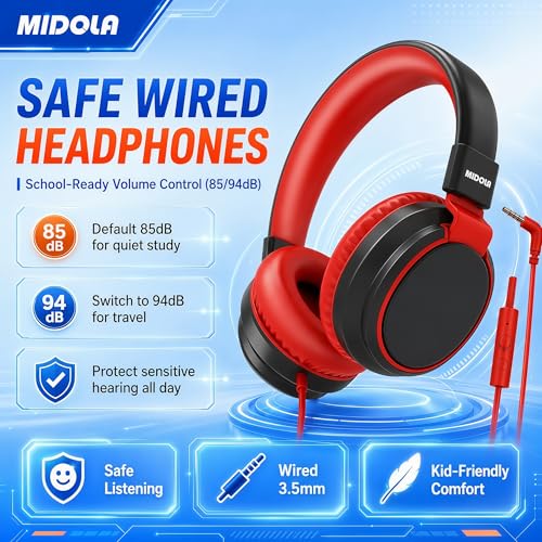MIDOLA Volume Limited 85/110dB Kids Headphone Over-Ear/On-Ear Foldable Sound Noise Protection Headset with Inline AUX 3.5mm Cord w/Mic for Child School Cellphone Pad PC Notebook Black | Adjustable Headband Foldable Over-Ear Lightweight for Toddler Girls B