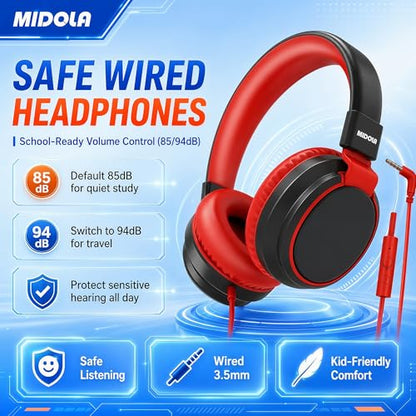 MIDOLA Volume Limited 85/110dB Kids Headphone Over-Ear/On-Ear Foldable Sound Noise Protection Headset with Inline AUX 3.5mm Cord w/Mic for Child School Cellphone Pad PC Notebook Black | Adjustable Headband Foldable Over-Ear Lightweight for Toddler Girls B