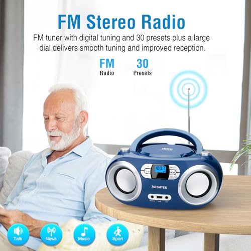 MEGATEK Portable CD Player Boombox with Bluetooth & FM Radio – Blue Jay | USB Playback, Clear Stereo Sound, AUX Input, Headphone Jack, CD-R/RW & MP3-CD Support, LCD Display, AC/Battery Powered - color: Blue Jay