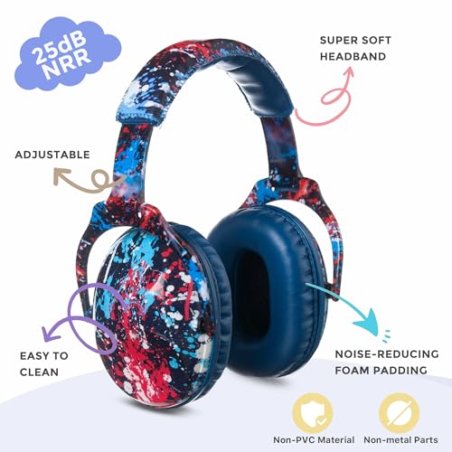 Kids Ear Protection Safety Ear Muffs, NRR 25dB Noise Reduction Children Earmuffs, Hearing Protectors for Sleeping, Studying, Airplane, Concerts, Fireworks-Red Pigment - color: Blue Band Red Pigment