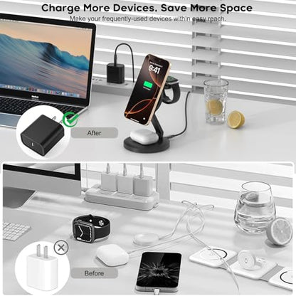 3 in 1 Foldable Wireless Charger iPhone Charging Station, 2Pack Magnetic Stand Wireless Charger Dock for Apple Multple Devices, with PD Adapter and USB C Cable for iPhone, iWatch & Airpods All Series