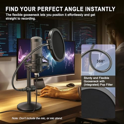 LINCO Microphone Pop Filter Shield with O Clamp for Blue Yeti PF1501 | Dual-layered pop screen, 360° gooseneck, sturdy clamp, fits most mics; ideal for studio & live streaming