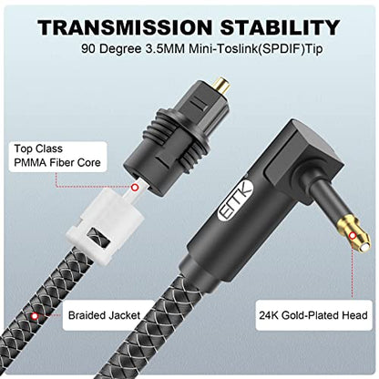 EMK Premium 90° Right-Angle Mini Toslink Cable (5Ft/1.5M) - 3.5mm Optical Digital Audio Cable for Sound Bars, TVs & Home Theater - SPDIF/Toslink Compatible, Black - color: Black4, size: 5 Feet/1.5M, style: 90 Degree Mini Toslink