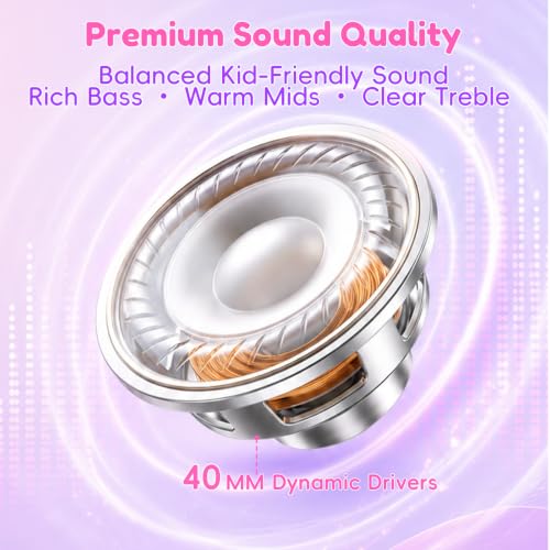 Candy Bila Wired Kids Headphones for School, Over-Ear for Boys Girls | Volume Limiter 85/94dB, HD Stereo Sound, Microphone and Wired Control, Foldable Design, Gradient Deep Pink - color: Gradient Deep Pink
