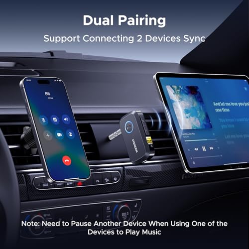 UGREEN Bluetooth 6.0 Receiver for Car with LDAC, AI Noise Cancelling 3.5mm AUX Bluetooth Car Adapter, Hi-Res Wireless Audio Receiver for Home Stereo/Wired Speaker with Hands-Free Call,15H Battery Life