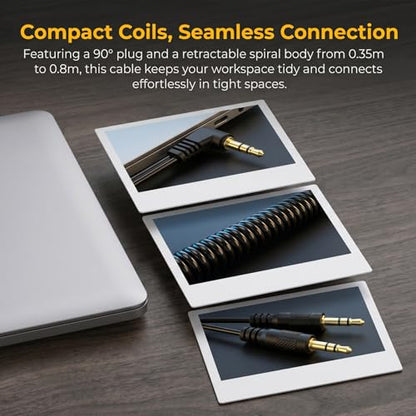 Yeebline 90 Degree 3.5mm Male to 2 Male Audio Splitter Coiled Cable, 2 Way 1/8" TRS Spring Aux Y Splitter Cord for Headphone and Speaker Sharing, Compatible with Phones, Laptops