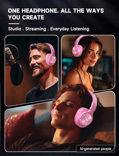 AOC Bluetooth Over Ear Headphones, Wireless Studio Monitor & Mixing DJ Headphones with 72H Playtime, Hi-Res, Built-in Mic, 3.5mm/6.35mm Wired Audio Jack for Guitar AMP, Podcast, PC Gaming - Pink - color: Pink