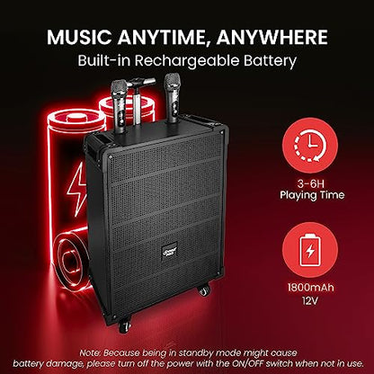 Pyle 10'' Portable Wireless Bluetooth Speaker System - Built-in Rechargeable Battery, Wireless Microphone, USB/Micro SD/FM - 600 Watt FM Radio with Digital LED Display, PWMA1099A,Black - size: 10 inch