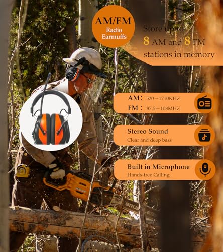 Digital AM FM Radio Headphones, Hearing Protection Earmuff for Adult, 30dB SNR for Mowing, Construction, Chainsaw - color: Am Fm Radio + Battery + Orange