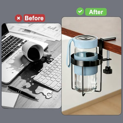 Desk Cup Holder Clamp, Anti-Spill Clip On Table Cup Holder Rotatable | Water Bottle Stand Drink Coffee Mug Storage, Office Accessories for Home and School (Black) - color: Simple Line Desk Cup Holder