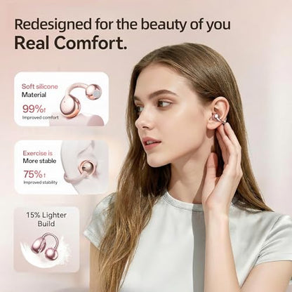 HJX 3rd Gen Clip On Earbuds, Open Ear Bluetooth 6.0 Wireless Headphones with Mic, Freeclip Secure Fit for Small Ears and Glasses,Running Ear Buds for Work Out,50H Playtime, ENC, IPX7 Waterproof,Pink - color: Pink