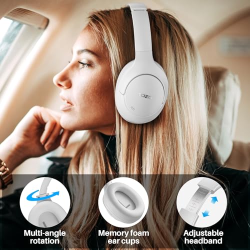 TOZO Hybrid Active Noise Cancelling Headphones, Hi Res Audio | Wireless Over Ear Bluetooth Headset, 60H Playtime, Custom EQ via App Deep Bass Comfort Fit Ear Cups, for Home Office Travel - color: White