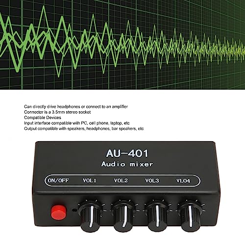 4 Channel Audio Mixer, Stereo Amplifier with Headphone Output, Audio Mixer for PC Laptop Desktop, Black