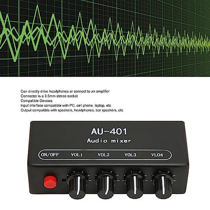 4 Channel Audio Mixer, Stereo Amplifier with Headphone Output, Audio Mixer for PC Laptop Desktop, Black