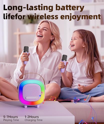 Kids Karaoke Machine Toy Ages 3-12, Mini 2 Wireless Mics Bluetooth Speaker | LED Party Lights, Voice Changer, Duets, BT 5.3, Rechargeable Portable, Christmas Birthday Gifts for Toddler Boys & Girls - color: Purple - 2 Mics