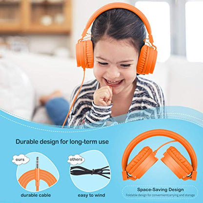 Kids Headphones, Lightweight Stereo Wired Toddler Headphones，Adjustable Headband Children's Headset for Smartphones Computer Pad Earphones(Orange) - color: Orange