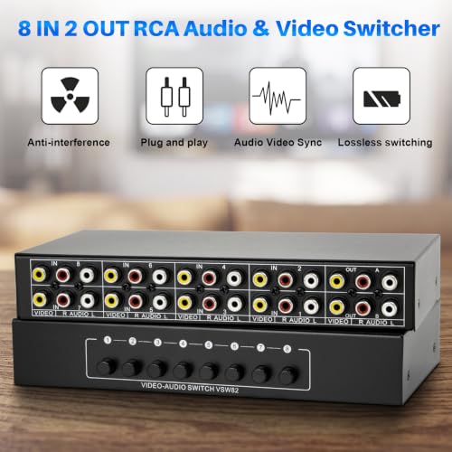 8-Way RCA Switch 8 in 2 Out Composite AV Selector Switcher Box | Plug & Play RCA Video Audio AV Switcher 8x2 for PS2 PS3 Wii Xbox HDTV DVD Game Consoles - size: 8 IN 2 OUT