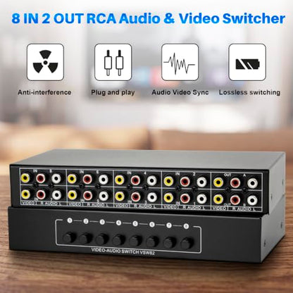 8-Way RCA Switch 8 in 2 Out Composite AV Selector Switcher Box | Plug & Play RCA Video Audio AV Switcher 8x2 for PS2 PS3 Wii Xbox HDTV DVD Game Consoles - size: 8 IN 2 OUT