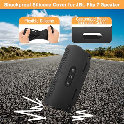 Silicone Case Compatible with JBL Flip 7 Speaker, Shockproof Protective Cover Soft Skin Silicone Cover with Shoulder Strap and Hook and Loop Straps for Bike Golf Cart Rail Mounting (Black) - color: Black