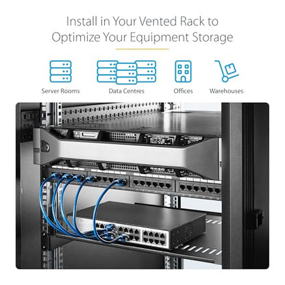 StarTech 1U Vented Cantilever Rack Shelf, 16in, 44lb/20kg (CABSHELF116V) | Universal vented rack mount tray, For 19in network equipment rack & cabinet, Heavy duty steel, 16in deep - size: 16", style: single
