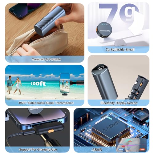 Wireless Lavalier Microphone for i Phone Android,Mini Clip-on/Magnetic Mic with 3-Mode Noise Cancellation,100FT Range,30H Battery Charging Case for USB-C Smart Device Vlog/Video Recording/Interview