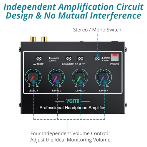 Headphone Amplifier with Light, 4 Channel Mono/Stereo Audio Amplifier with Power Adapter 3 Input Mute & Audio Mixer, Ultra-Compact Headphone Amp Splitter 1/4" & 1/8" TRS Output for Studio - color: Black with Light