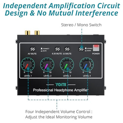 Headphone Amplifier with Light, 4 Channel Mono/Stereo Audio Amplifier with Power Adapter 3 Input Mute & Audio Mixer, Ultra-Compact Headphone Amp Splitter 1/4" & 1/8" TRS Output for Studio - color: Black with Light