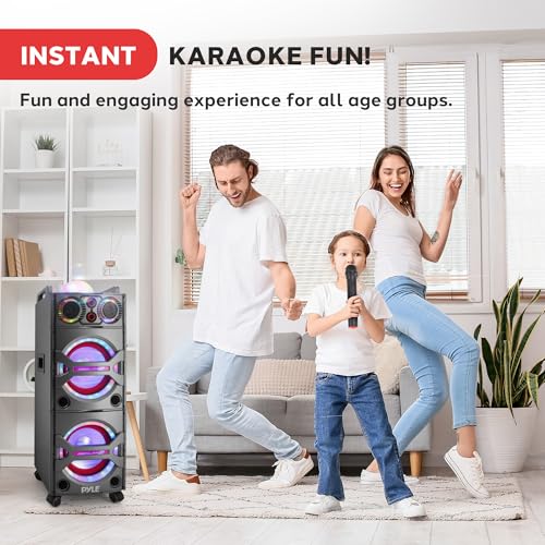 Portable Bluetooth PA Speaker System - 2000W Active Powered Outdoor Bluetooth Speaker Portable PA System w/Microphone in, Party Lights, USB SD Card Reader, AUX/RCA/FM Radio, Wheels - Pyle PSUFM1043BT - color: Charcoal