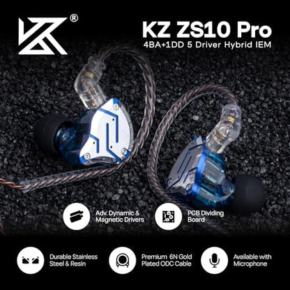 Linsoul KZ ZS10 Pro, 4BA+1DD 5 Driver in Ear Monitor, HiFi Wired Earbuds, Gaming Earbuds, Hybrid IEM Earphones with Stainless Steel Faceplate, Detachable Cable for Musician(with Mic, Glare Blue) - color: Glare Blue, style: With Mic