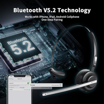 Bluetooth Headset, V5.2 Trucker Wireless Headset with Noise Cancelling Microphone & Charging Base for iPhone Samsung Cell Phone