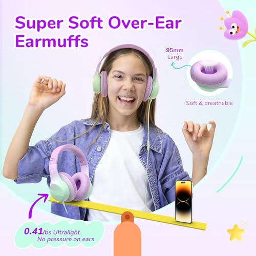 EarFun K3 Kids Headphones, Wired Kids Headphones with Mic for School/Travel | Built-in Mic, 85/94dB Volume Limit, HD Stereo Sound, 3.5mm Jack, Foldable Wired Headphones for Boys/Girls/Tablet/iPad, Purple - color: Purple
