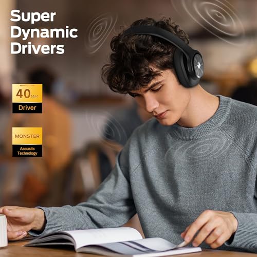 Monster Mission 450 Bluetooth Headphones, 60H Playtime,Deep Bass for Home Office Cellphone PC Ect, Wireless Headphones with 3 EQ Modes, (Black)