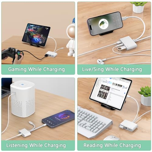 2-in-3 Lightning + USB C to 3.5mm Aux Audio Headphone Splitter Adapter Cable,USB OTG Camera Adapter+3.5mm Jack+Type-C Earphone/Charge Port,Phone Splitter for iPhone 15/14/13,Samsung,iPad,Huawei