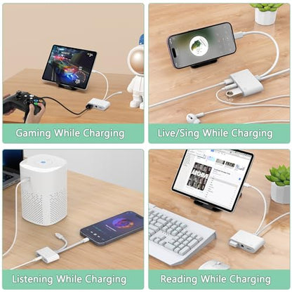 2-in-3 Lightning + USB C to 3.5mm Aux Audio Headphone Splitter Adapter Cable,USB OTG Camera Adapter+3.5mm Jack+Type-C Earphone/Charge Port,Phone Splitter for iPhone 15/14/13,Samsung,iPad,Huawei