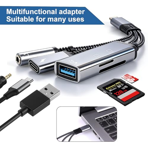 4-in-1 USB C to 3.5mm Headphone Audio Adapter with 60W PD Fast Charging, USB OTG Dongle & TF/SD Card Reader, Hi-Res DAC Splitter Compatible with iPhone15/16, iPadPro, MacBook, Galaxy S23 and most