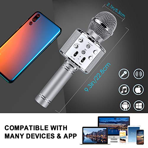 BlueFire 4 in 1 Karaoke Wireless Microphone with LED Lights, Portable Microphone for Kids, Great Gifts Toys for Kids, Girls, Boys and Adults (Silver) - color: Silver
