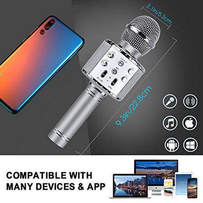 BlueFire 4 in 1 Karaoke Wireless Microphone with LED Lights, Portable Microphone for Kids, Great Gifts Toys for Kids, Girls, Boys and Adults (Silver) - color: Silver