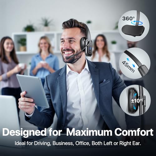 Trucker Bluetooth Headset with Mic, Wireless Headset for Work with Mute Button, 60H Battery, Over Ear Bluetooth Headset for Truck Driver, Office, Laptop, Cell Phone, Black