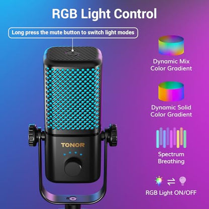 TONOR Gaming Mic Compatible with Xbox, RGB Streaming Boom Mic with 30H Battery Life, Low Noise, Monitoring, Gain Control, One Tap Mute, Fast Charging, Compatible with Capture Card TCX3+ Black - color: Black, style: Modern