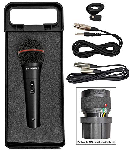 Rockville RMIC-SR Handheld Wired Dynamic Microphone for DJ/Vocal/Recording | Includes 2 OFC Cables (XLR-XLR/XLR-1/4"), Carry Case, Mic Clip, Neodymium, Uni-Directional, Metal Body, M-56
