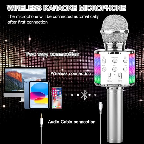 ShinePick Karaoke Microphone, 4 in 1 Wireless Microphone with LED Lights Handheld Portable Karaoke Machine, Home KTV Player, Compatible with Android & iOS Devices (Silver) - color: silver