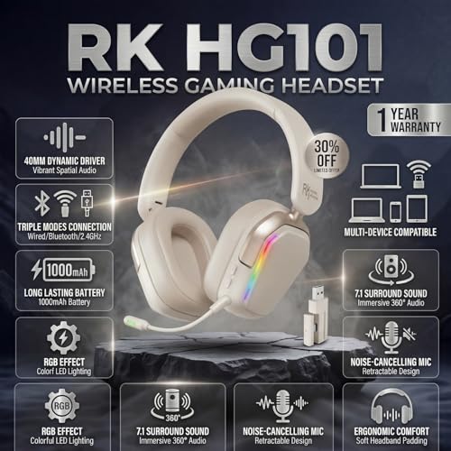 RK Royal Kludge HG101 Wireless Gaming Headset, 7.1 Surround Sound, Stereo Wired Headphones with Retractable Mic, Bluetooth5.3, RGB, Memory Foam Ear Pads, Works with PC, PS4, PS5, Switch, Platinum Grey - color: Platinum Grey